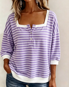 Womens Striped Square Neck Three Quarter Sleeve Henley Top