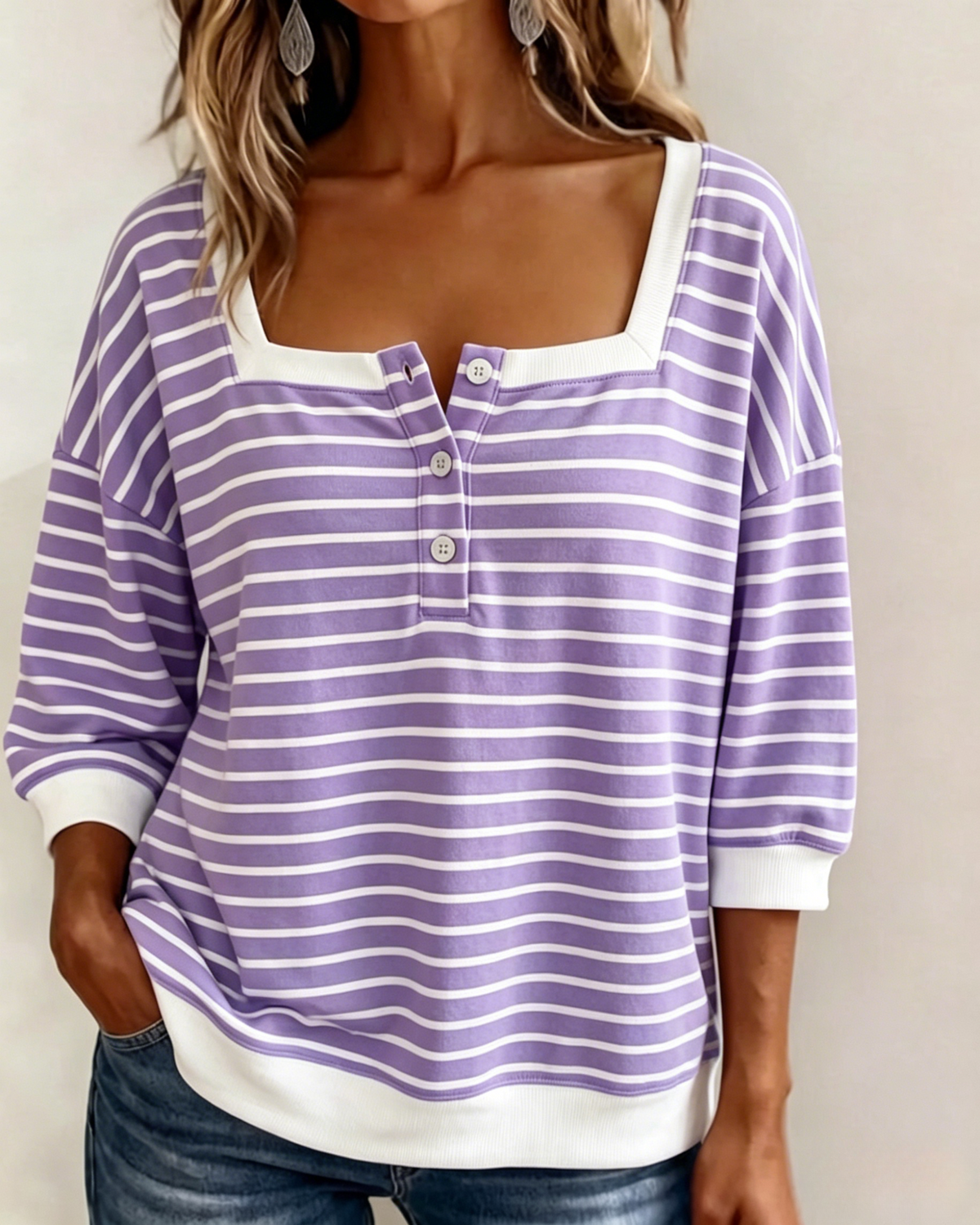 Womens Striped Square Neck Three Quarter Sleeve Henley Top