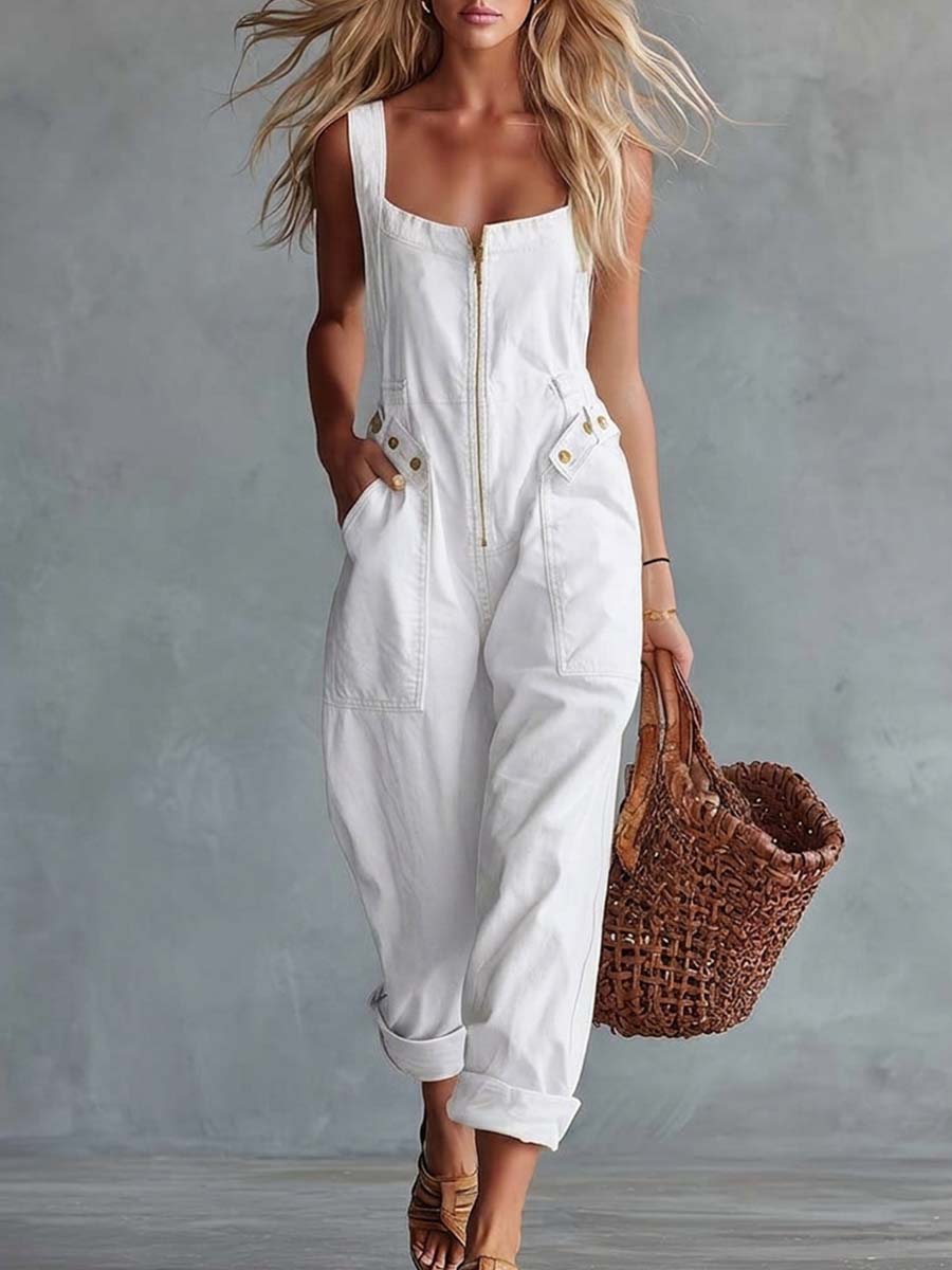 Retro Zip-Front Belted Jumpsuit