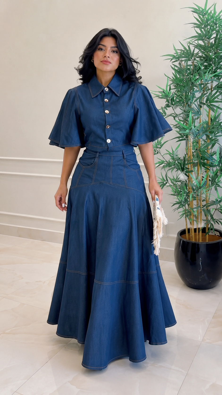 Dark Denim Flare-Sleeve Top & Maxi Skirt Two-Piece
