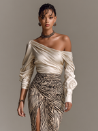 Satin Off-shoulder Long-sleeved Top With Zebra Print Hip-wrapped Slit Skirt Two-piece Set