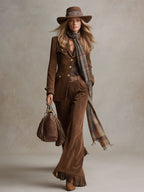 Retro Versatile Brown Faux Suede Tassel Flared Pants