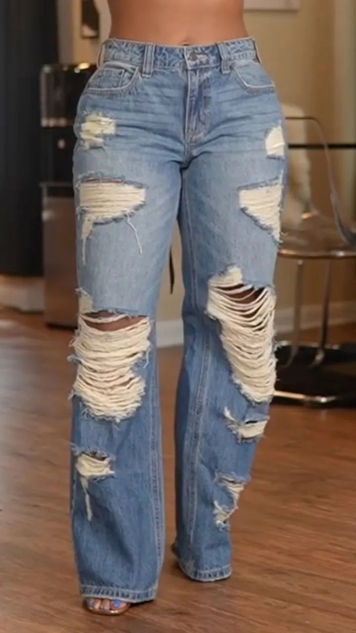 Ripped Distressed Wide-Leg Jeans
