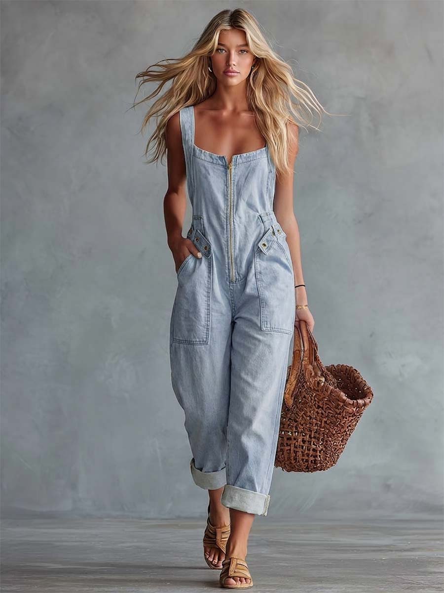 Retro Zip-Front Belted Jumpsuit