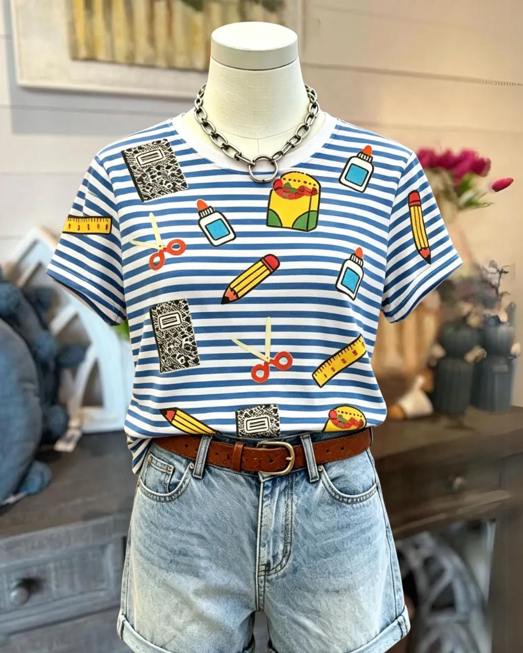 Teaching Stationery Embroidered Striped Tee