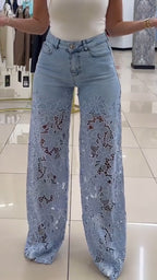 Pantalones vaqueros calados con encaje para mujer