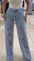 Pantalones vaqueros calados con encaje para mujer