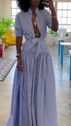 Vestido de cola de pez a rayas con cuello levantado para mujer
