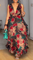 Vestido elegante de temperamento irregular hueco con estampado de cuello en V para mujer