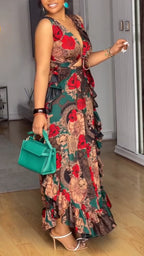 Vestido elegante de temperamento irregular hueco con estampado de cuello en V para mujer