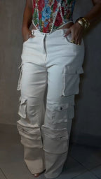 Conjunto informal de top con tirantes y estampado con cuello cuadrado para mujer y pantalones cargo con múltiples bolsillos