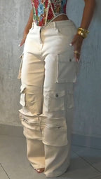 Conjunto informal de top con tirantes y estampado con cuello cuadrado para mujer y pantalones cargo con múltiples bolsillos