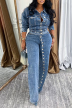 Traje vaquero casual con cuello y hebilla para mujer