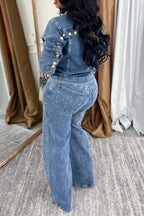 Traje vaquero casual con cuello y hebilla para mujer