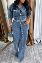 Traje vaquero casual con cuello y hebilla para mujer