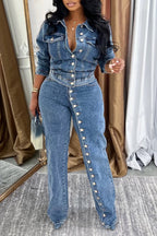 Traje vaquero casual con cuello y hebilla para mujer