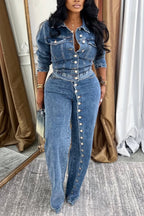 Traje vaquero casual con cuello y hebilla para mujer