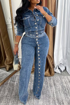Traje vaquero casual con cuello y hebilla para mujer
