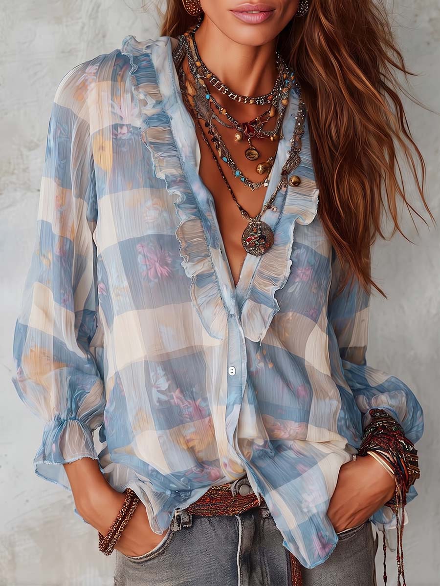 CLEARANCE SALE✨ Plaid Print V Neck Long Sleeve Blouse