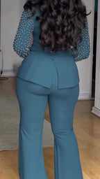 Traje de dos piezas de chaqueta con cuello de pico pronunciado y perlas para mujer + Pantalones, ideal para un estilo de trabajo elegante.