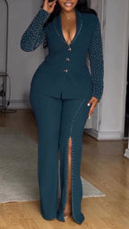 Traje de dos piezas de chaqueta con cuello de pico pronunciado y perlas para mujer + Pantalones, ideal para un estilo de trabajo elegante.