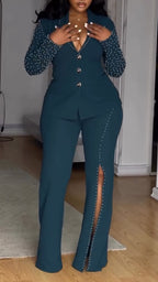 Traje de dos piezas de chaqueta con cuello de pico pronunciado y perlas para mujer + Pantalones, ideal para un estilo de trabajo elegante.