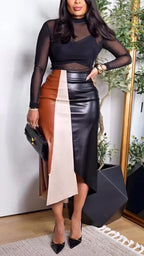Conjunto casual de top transparente de cuello redondo y minifalda a contraste para mujer con temperamento