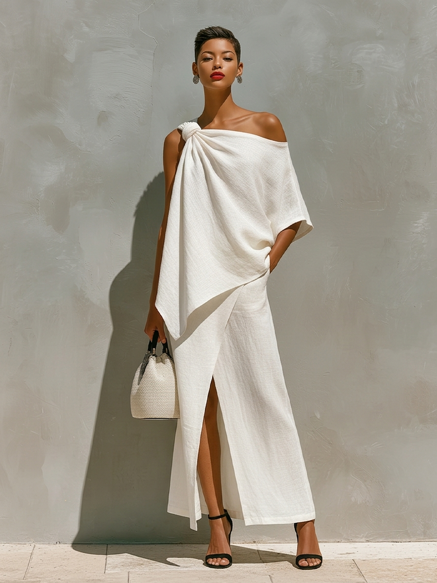 One-Shoulder Knot Detail & Front Slit Skirt Set
