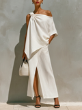 One-Shoulder Knot Detail & Front Slit Skirt Set