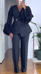 Conjunto de temperamento para ir al trabajo: chaqueta con cuello en V, manga farol con volantes y pantalón, de color liso para mujer.