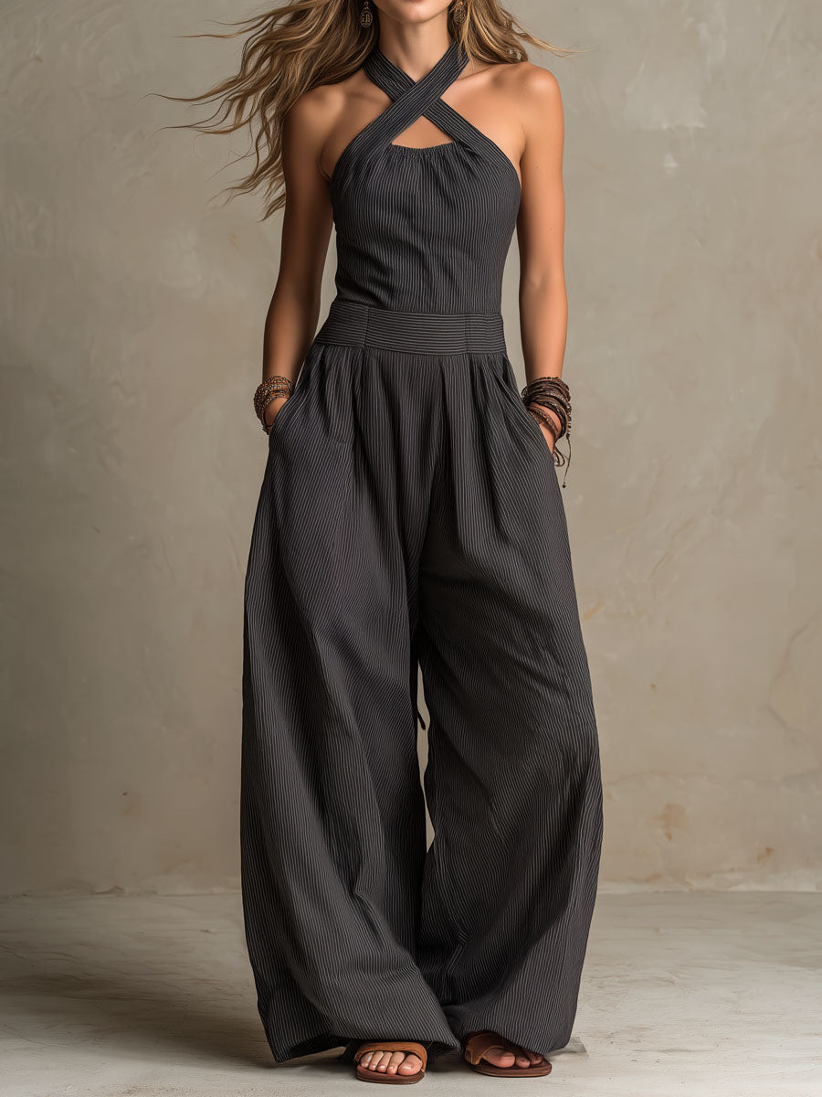 Crisscross Halter Pinstripe Wide-Leg Jumpsuit