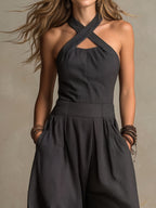 Crisscross Halter Pinstripe Wide-Leg Jumpsuit