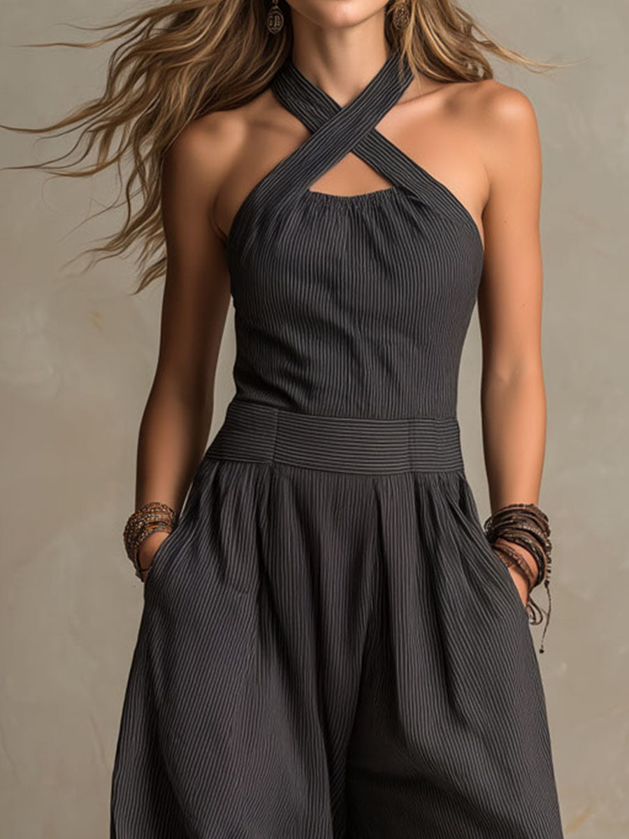 Crisscross Halter Pinstripe Wide-Leg Jumpsuit