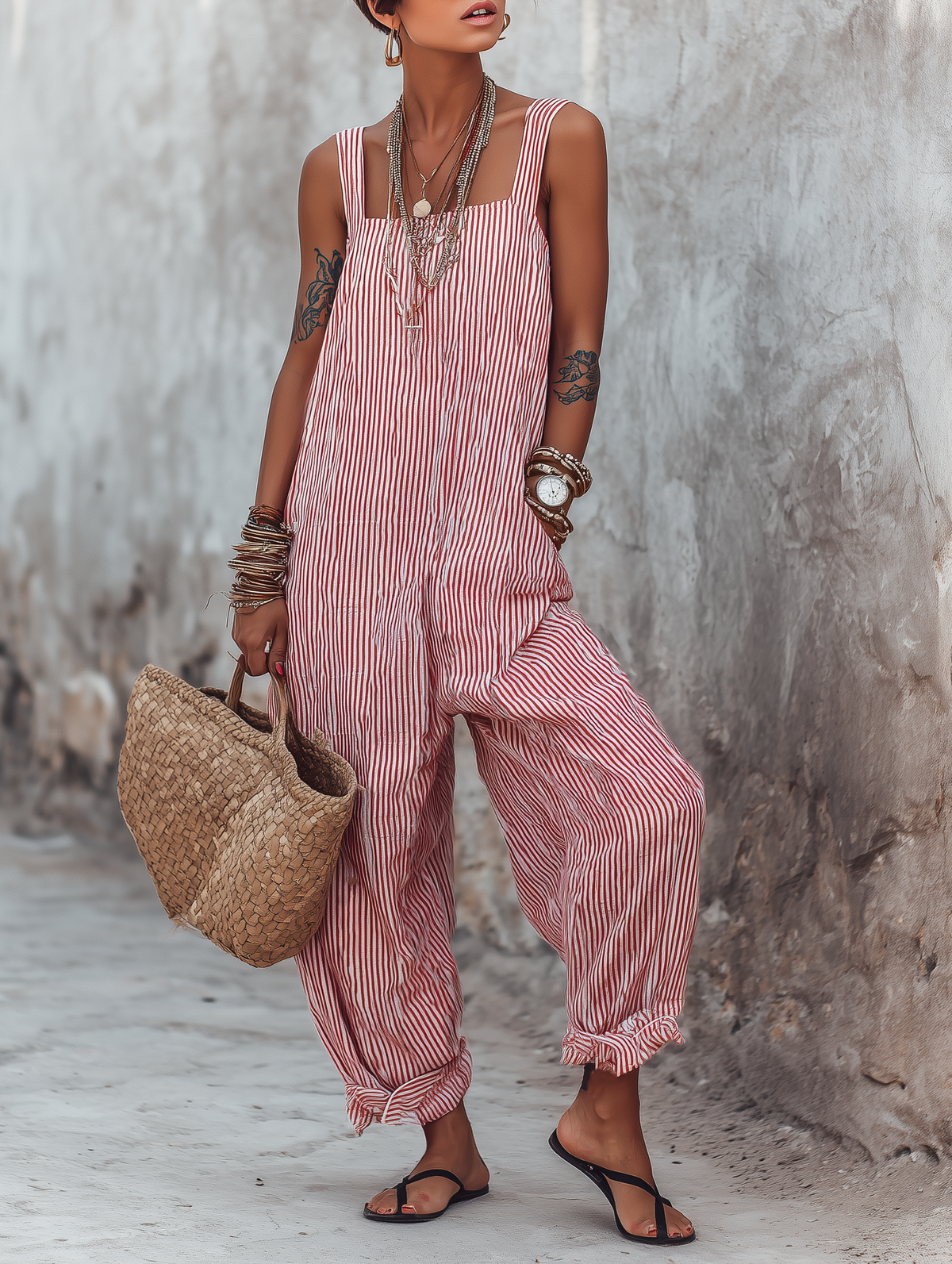 Minimalist Striped Square Neck Sleeveless Jumpsuit