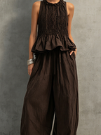 Dark Brown Cotton-Linen Sleeveless Top & Trousers Set