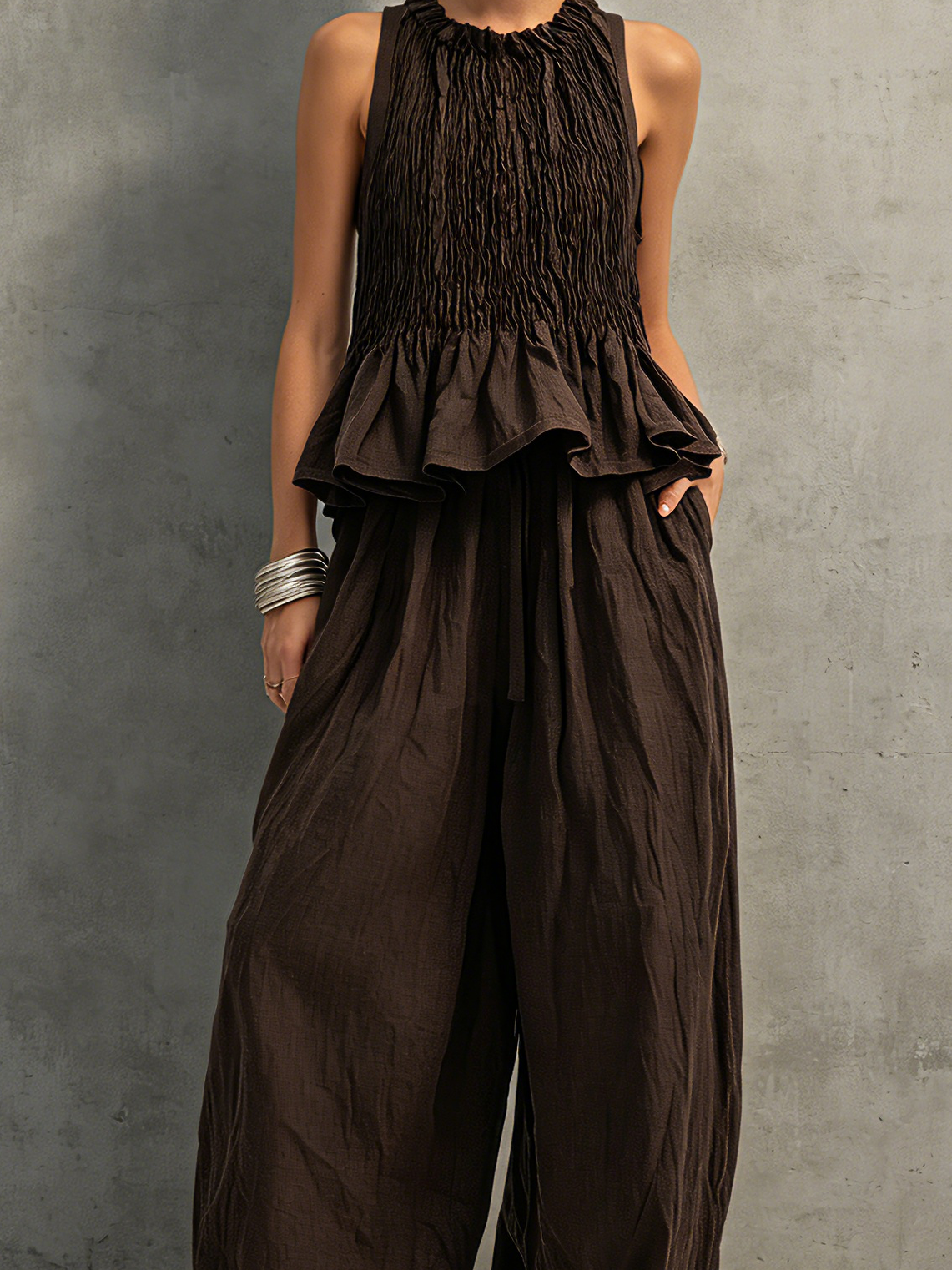 Dark Brown Cotton-Linen Sleeveless Top & Trousers Set