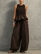 Dark Brown Cotton-Linen Sleeveless Top & Trousers Set