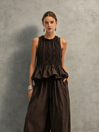 Dark Brown Cotton-Linen Sleeveless Top & Trousers Set