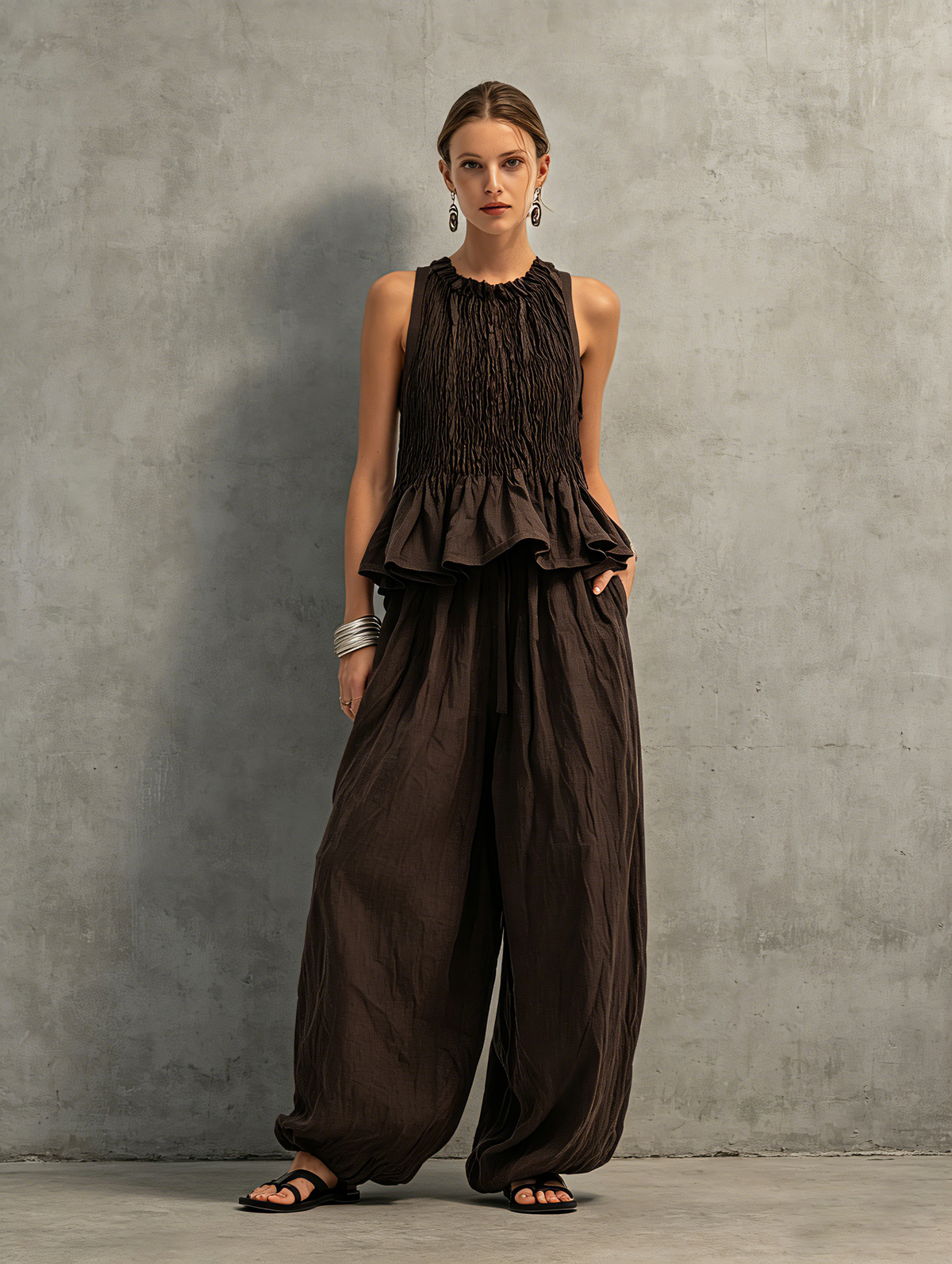 Dark Brown Cotton-Linen Sleeveless Top & Trousers Set