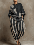 Casual Color-Block Printed Crewneck Loose-Fit Long-Sleeve Top And Pants Set