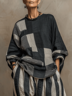 Casual Color-Block Printed Crewneck Loose-Fit Long-Sleeve Top And Pants Set