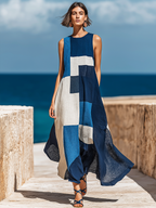 Retro Casual Geometric Print Round Neck Sleeveless Midi Dress