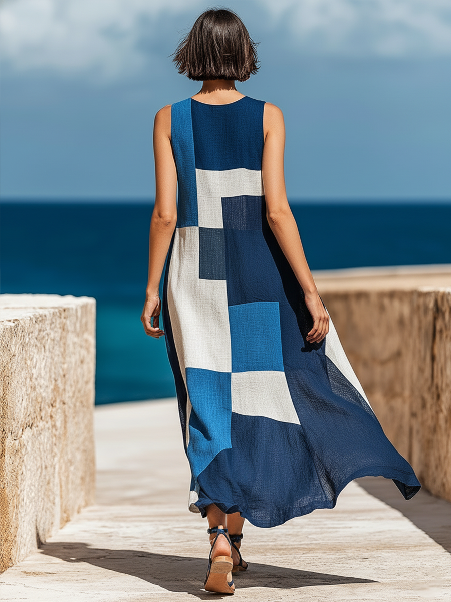Retro Casual Geometric Print Round Neck Sleeveless Midi Dress