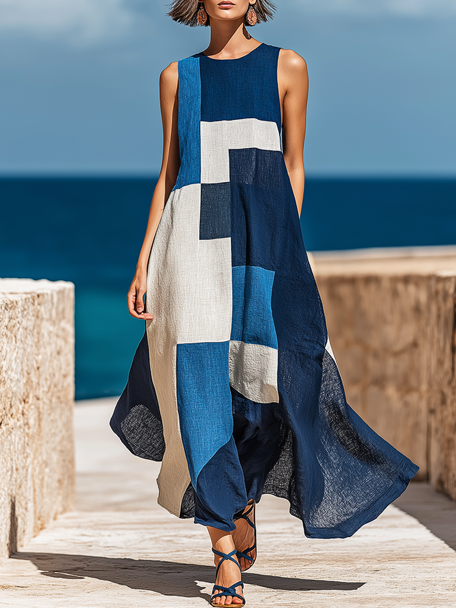 Retro Casual Geometric Print Round Neck Sleeveless Midi Dress