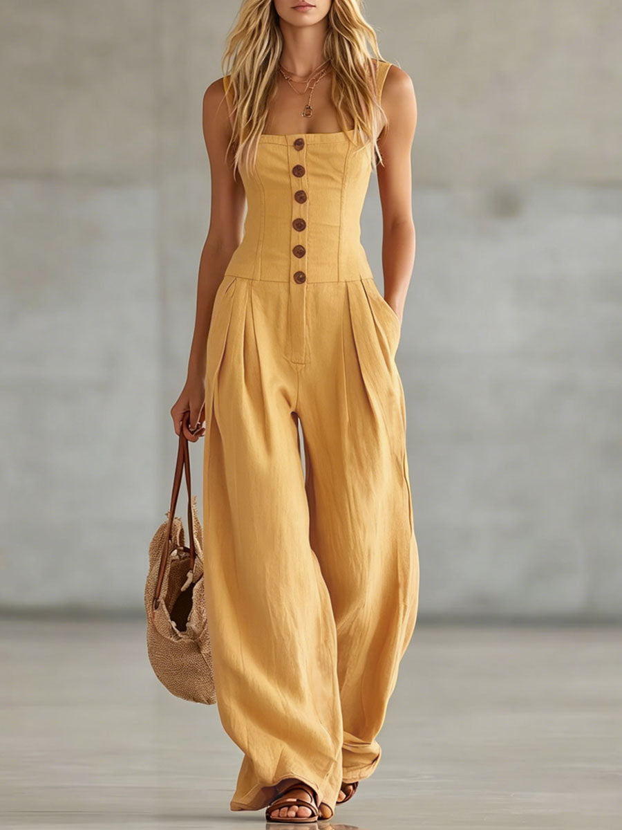 Retro Button-Front Wide-Leg Jumpsuit