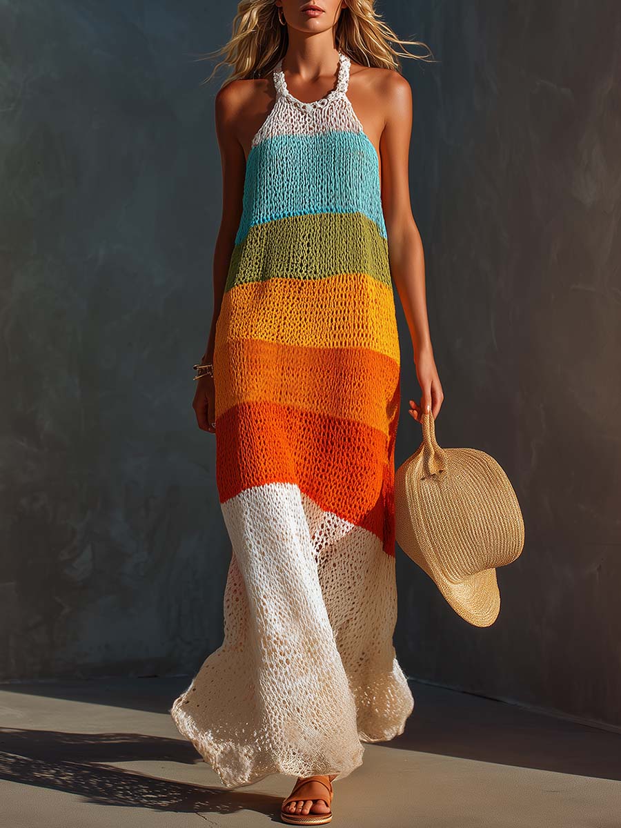 Colorful Halter Stripe Maxi Dress