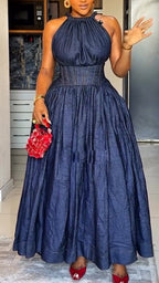Vestido elegante sin mangas con cuello redondo y cintura ceñida para mujer