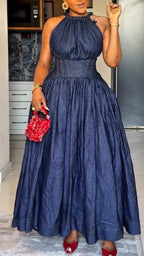 Vestido elegante sin mangas con cuello redondo y cintura ceñida para mujer