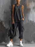 Casual Style Dark Gray Cotton Blend Sleeveless Top + Jogger Cargo Pants Set