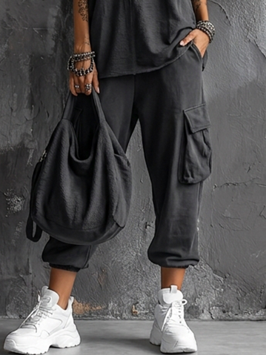 Casual Style Dark Gray Cotton Blend Sleeveless Top + Jogger Cargo Pants Set
